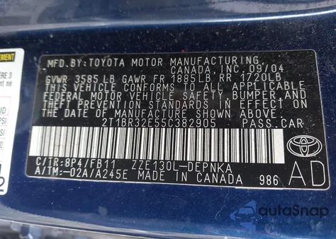 2005 Toyota Corolla Le из США, поврежденный, VIN 2T1BR32E55C382905